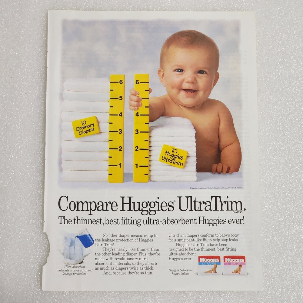 Vintage Print Ad Huggies UltraTrim diapers baby holding ruler clipping 8x10 1993